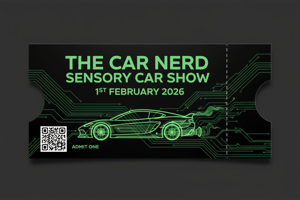 A TICKET SAYING THE CAR NERD SENSORY CAR SHOW 1ST FEBRUARY 2026 WITH COLOUR SCHEME BLACK AND GREEN