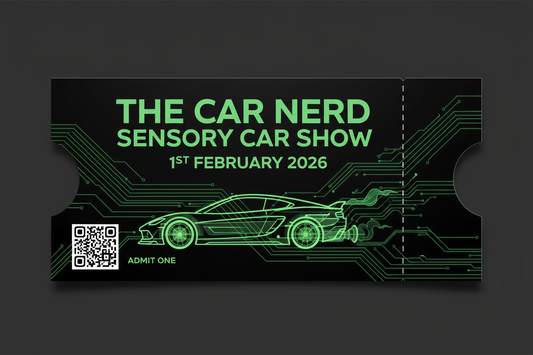 A TICKET SAYING THE CAR NERD SENSORY CAR SHOW 1ST FEBRUARY 2026 WITH COLOUR SCHEME BLACK AND GREEN