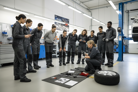 ladies and men standing round someone teaching them how to change a wheel in a workshop